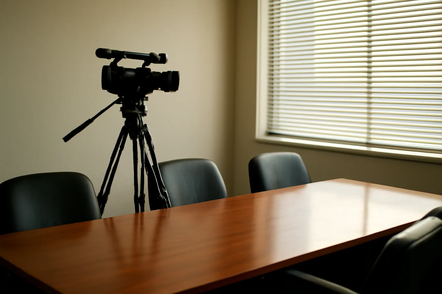 Legal videographer camera and tripod set up in Arizona deposition room