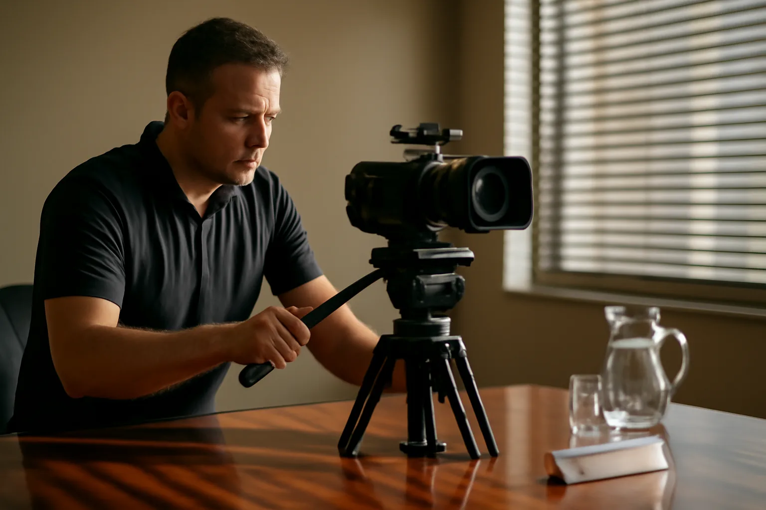 Legal videographer setting up camera and tripod in an Arizona deposition conference room
