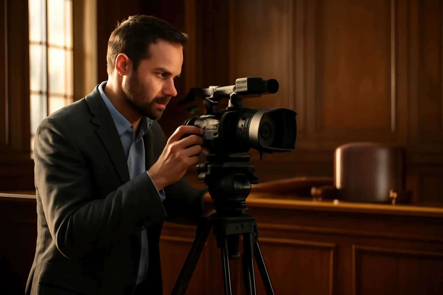 Legal videographer setting up a camera on tripod in Alabama conference room