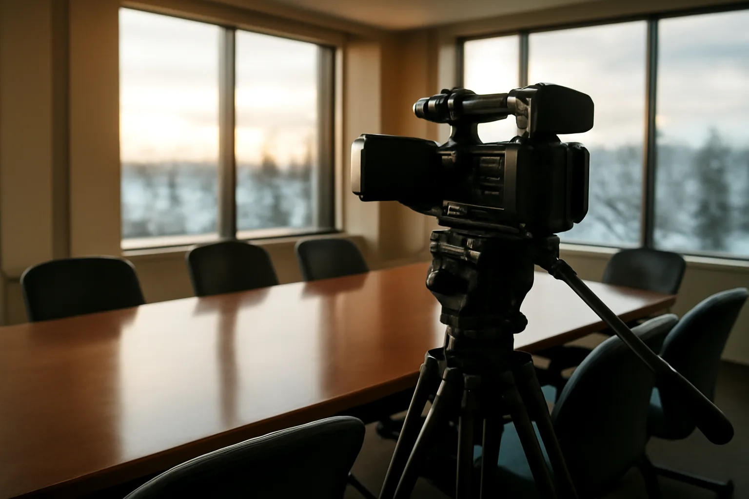 Video camera on tripod in an Anchorage conference room for legal deposition recording