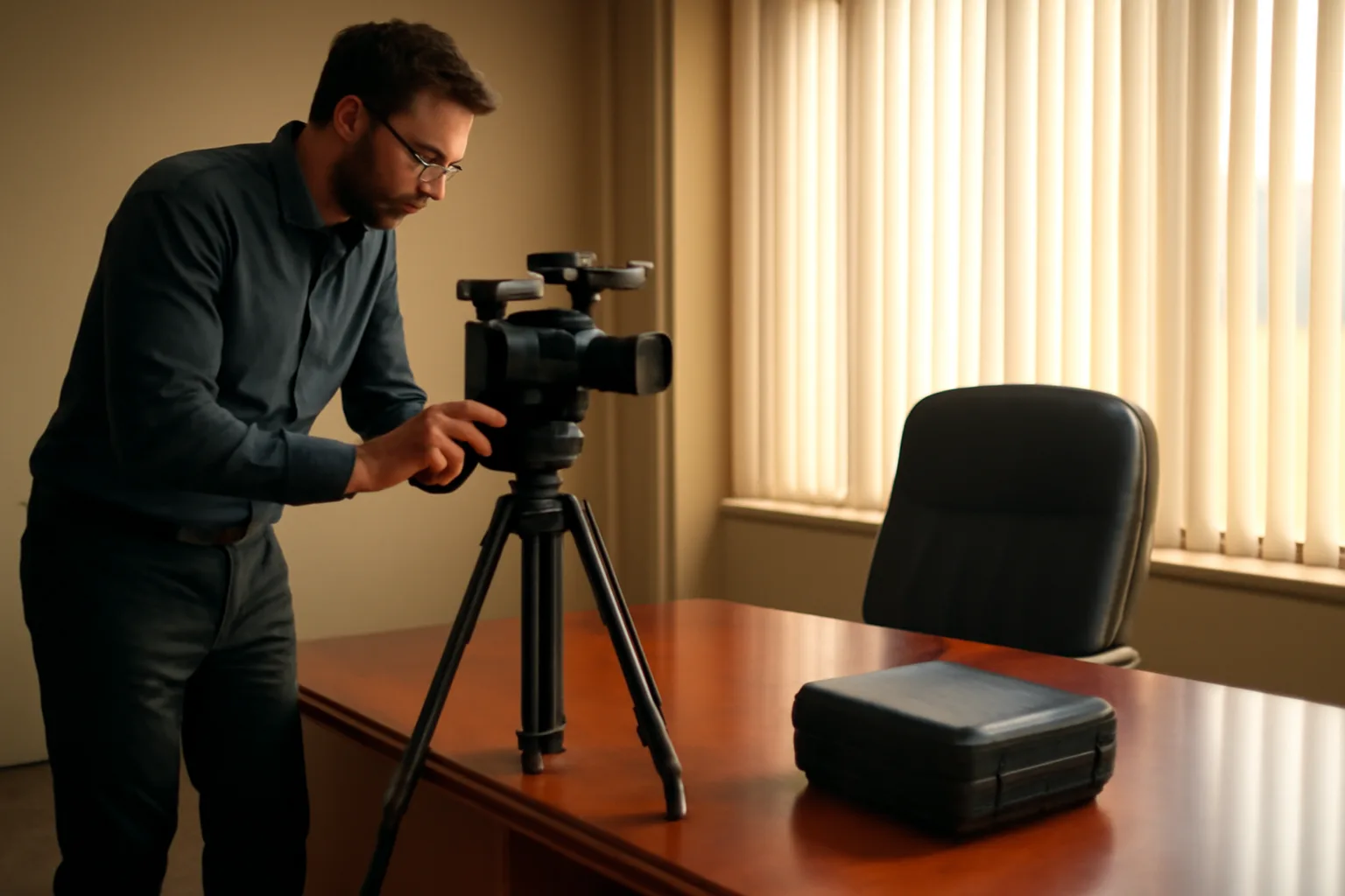 Legal videographer in Phoenix setting up a deposition camera on a tripod in a sunlit conference room