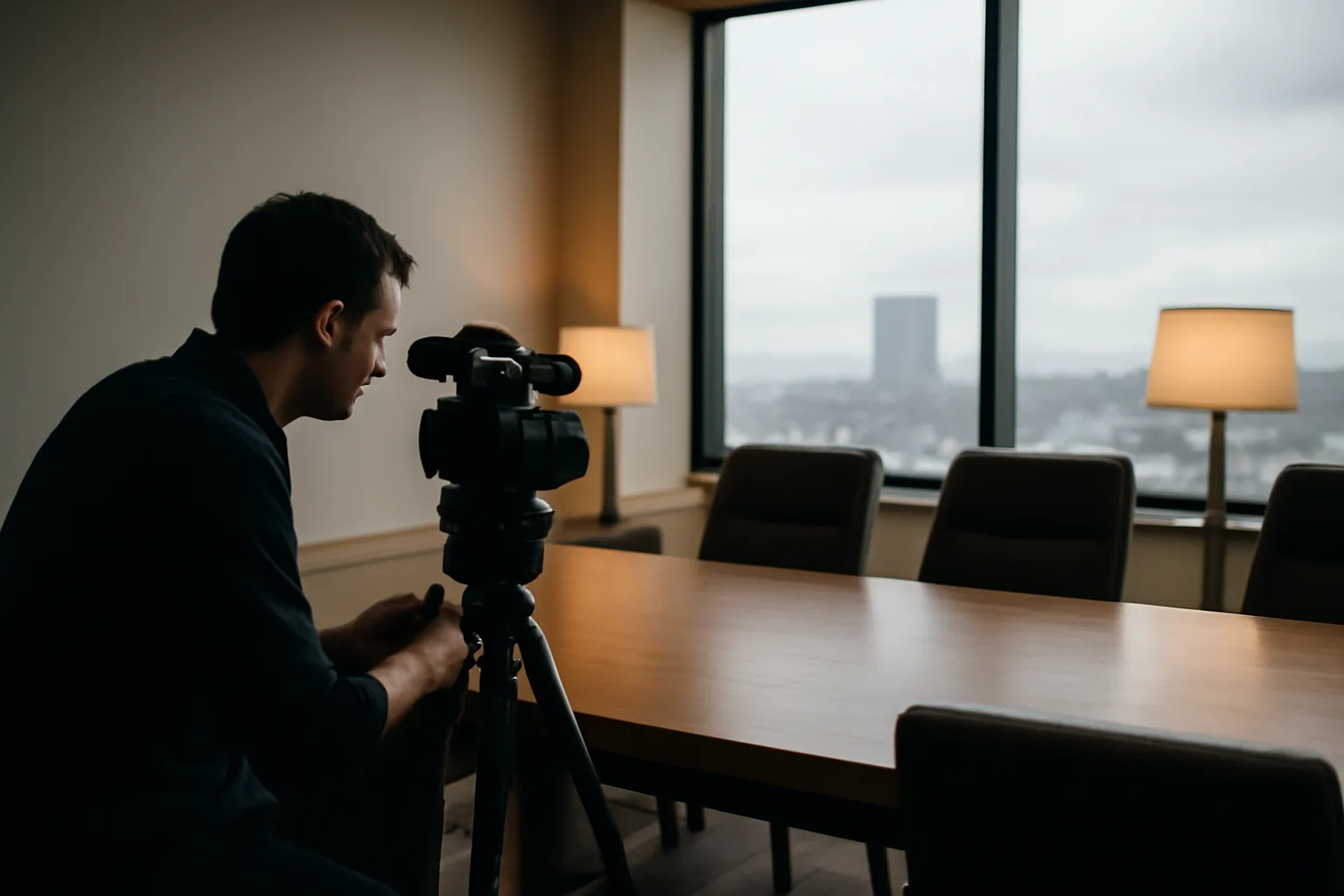 Camera on a tripod in a Denver room for legal videographer work