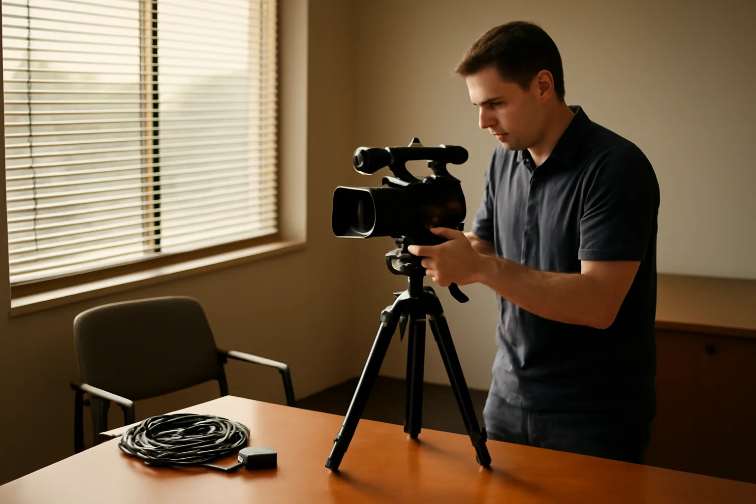 Legal videographer lining up a camera in a Tampa conference room