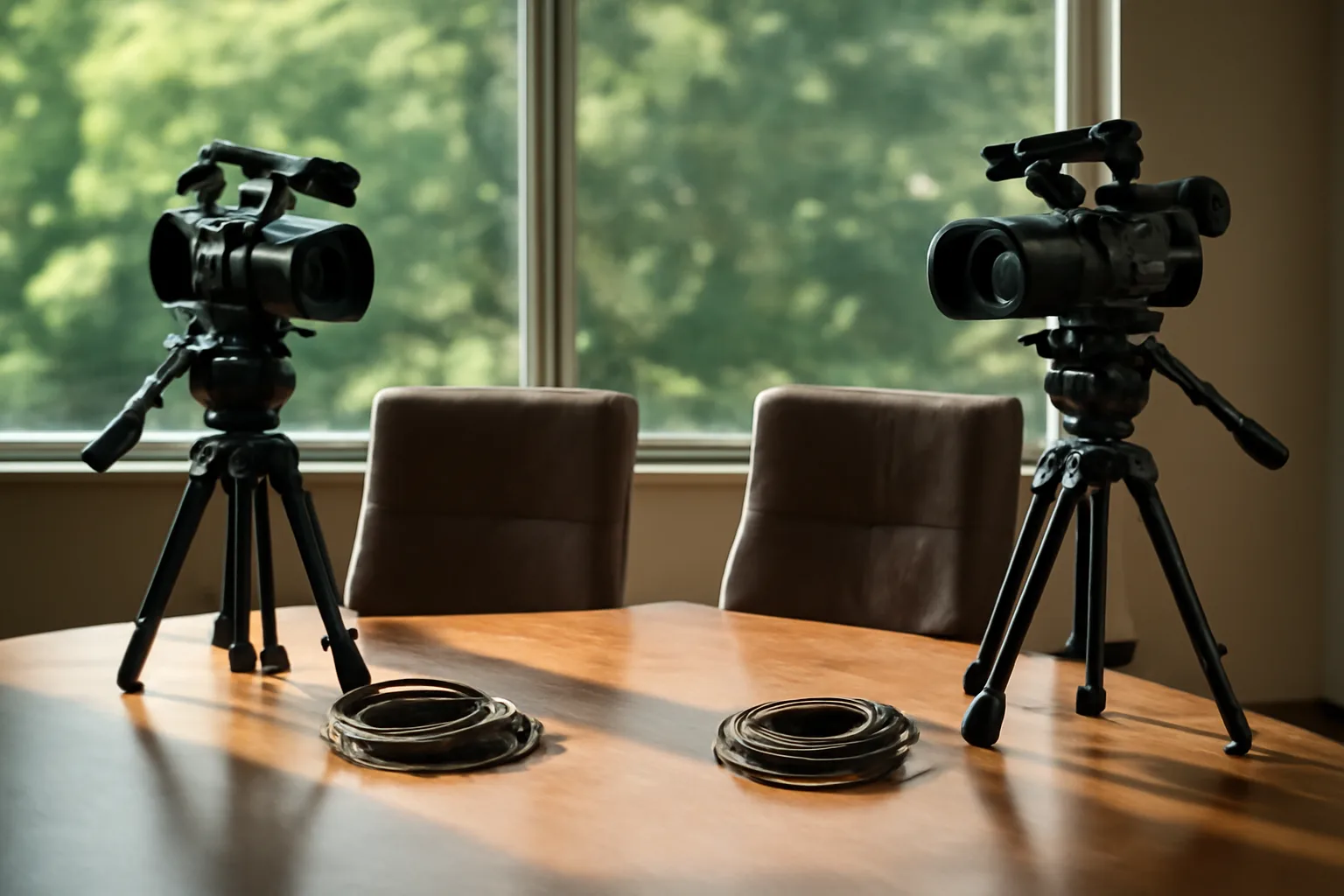 Two cameras on tripods face empty chairs for Georgia legal videography