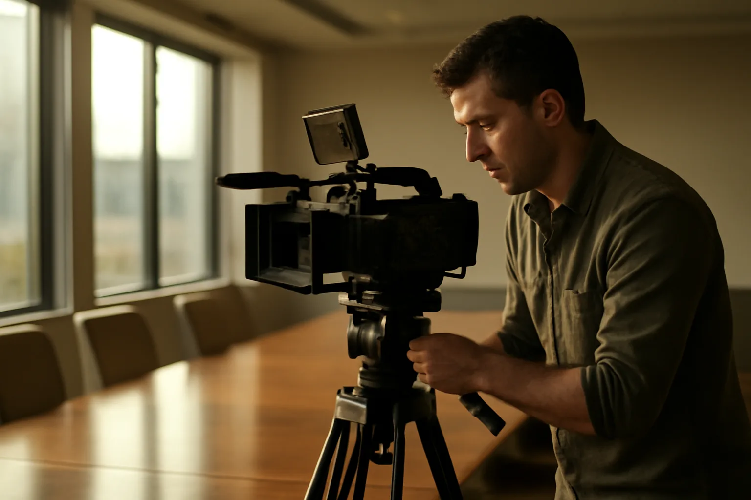 Videographer camera on tripod in a legal deposition conference room