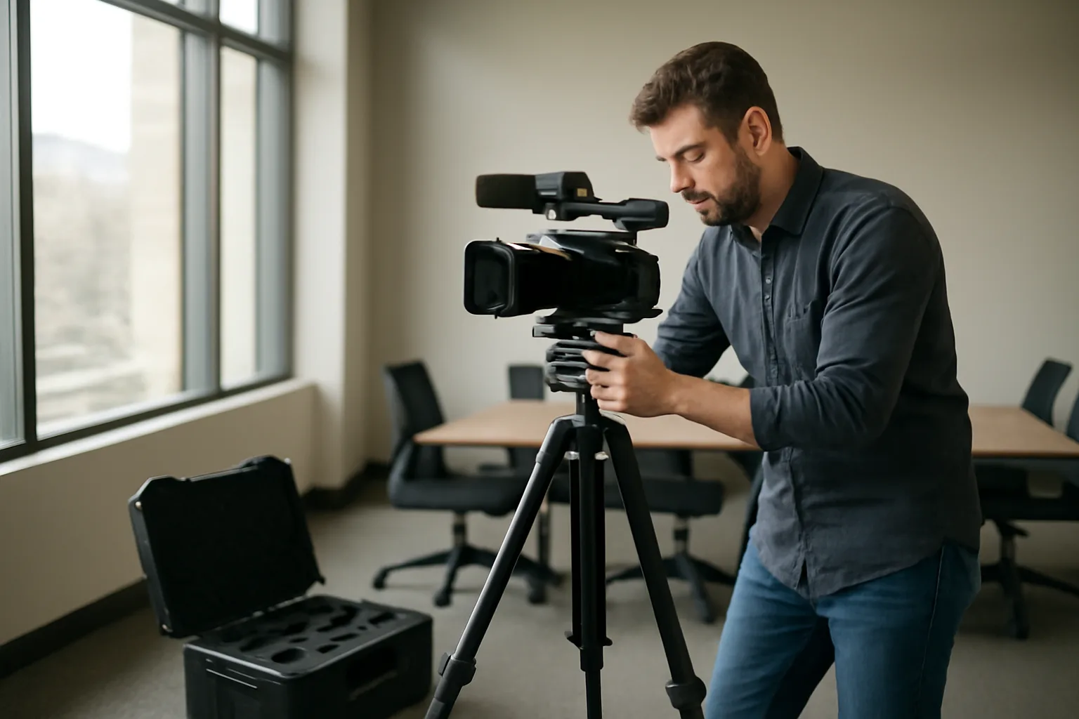 Legal videographer setting up camera in an Anchorage conference room for a deposition