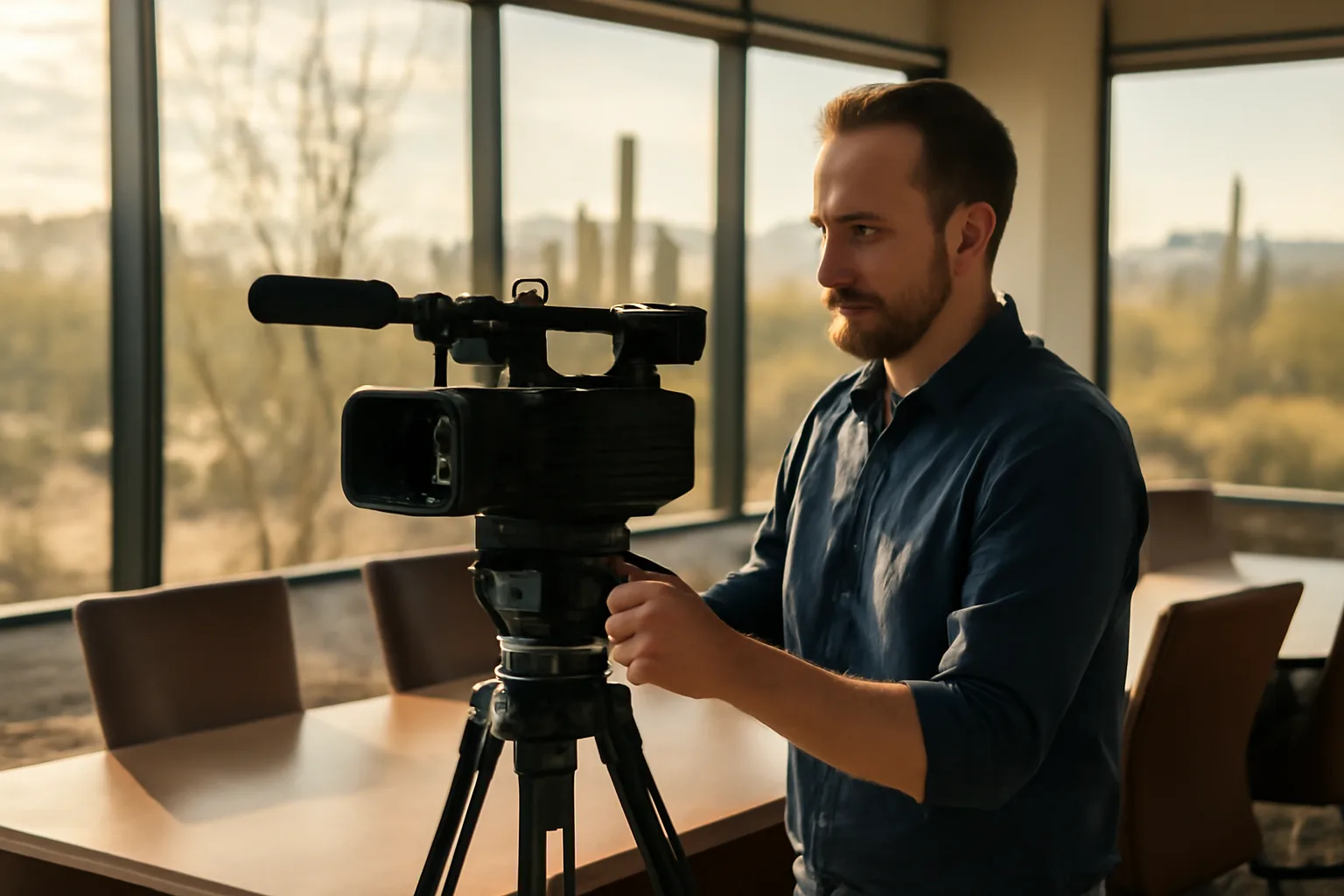 Legal videographer setting up a camera on tripod in a bright Arizona conference room