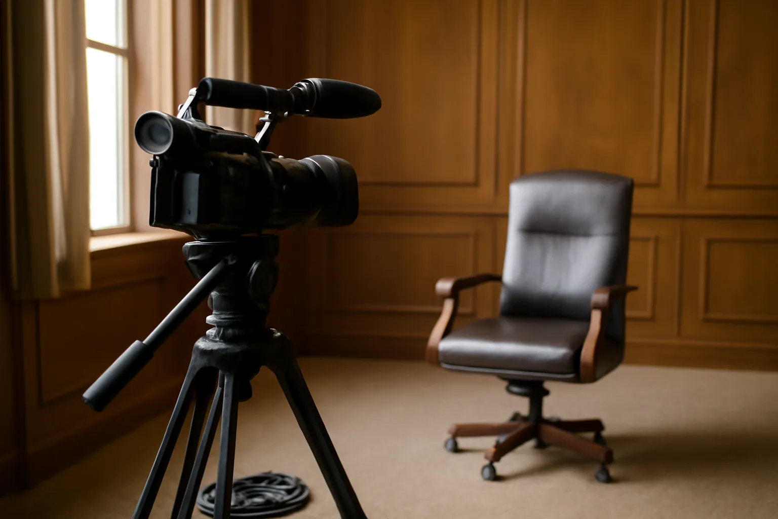 Legal videographer camera setup in an empty Arkansas conference room with morning window light