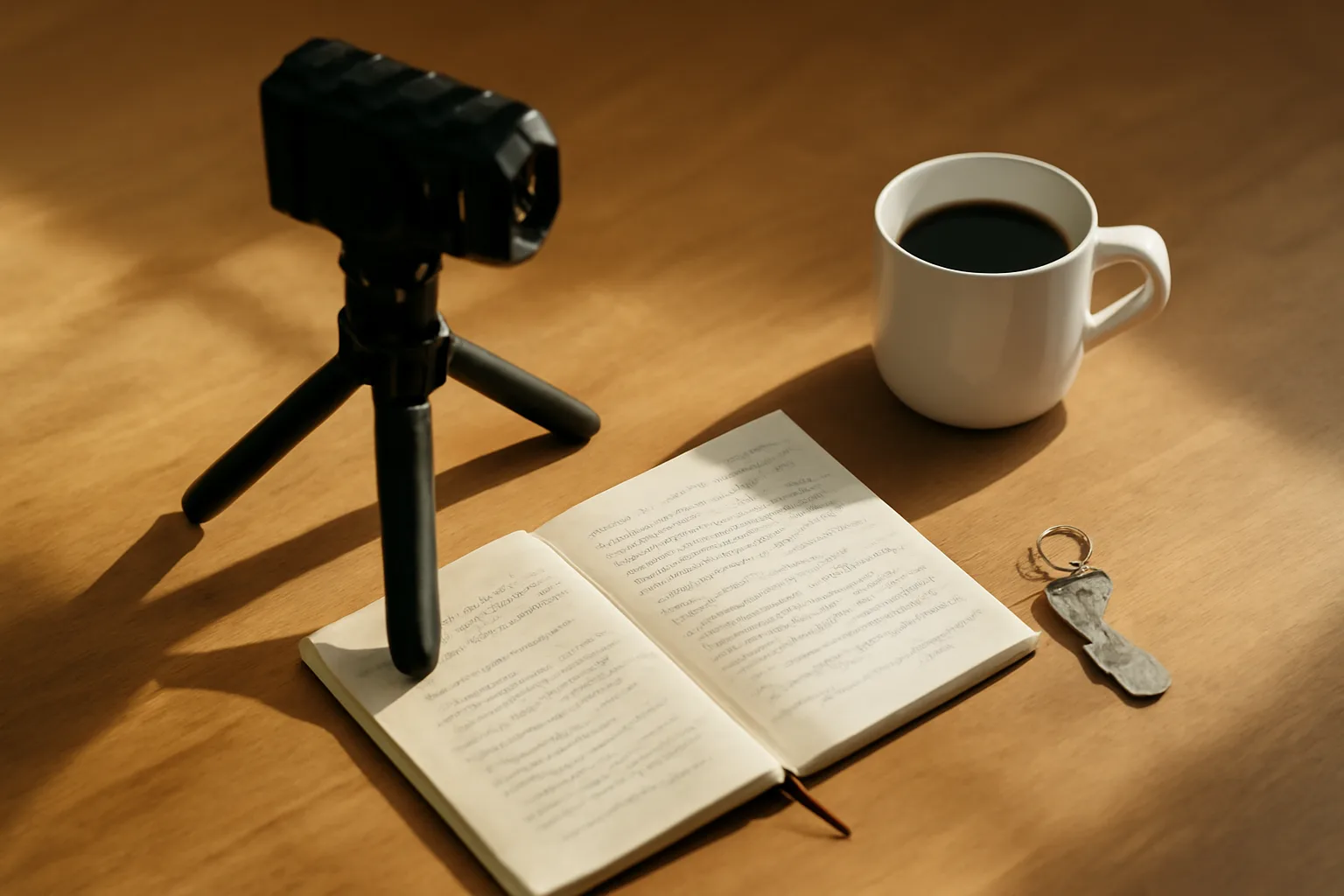 Video camera on tripod next to notes in a home office, legal videographer California startup scene
