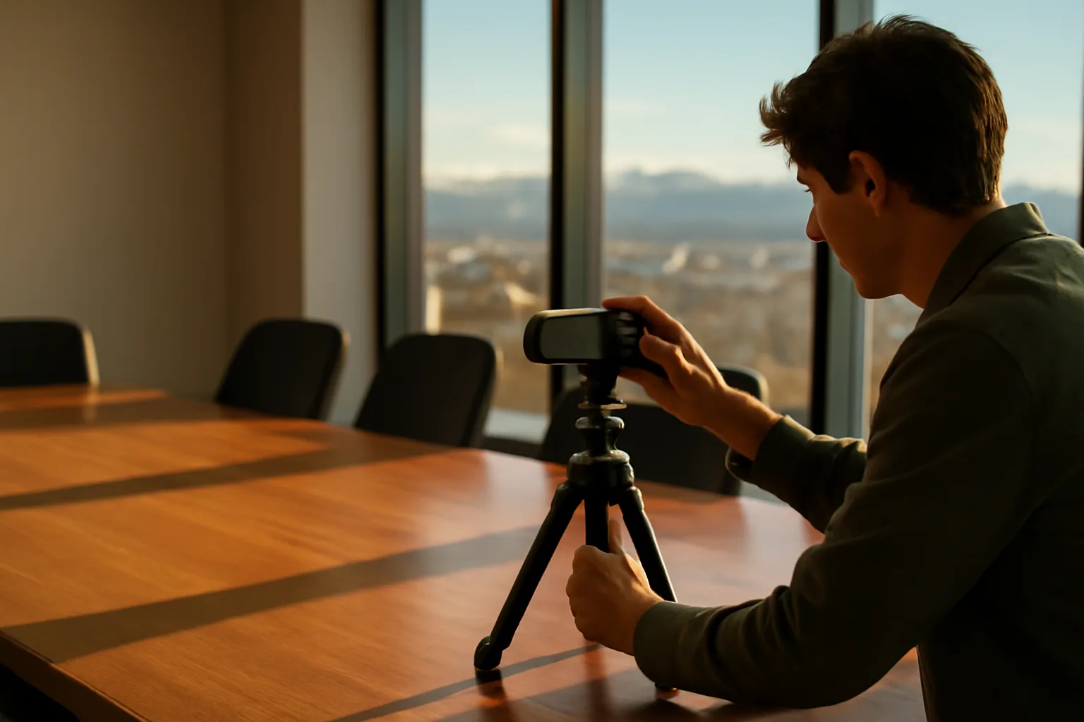 Legal videographer sets up a camera in a Denver conference room