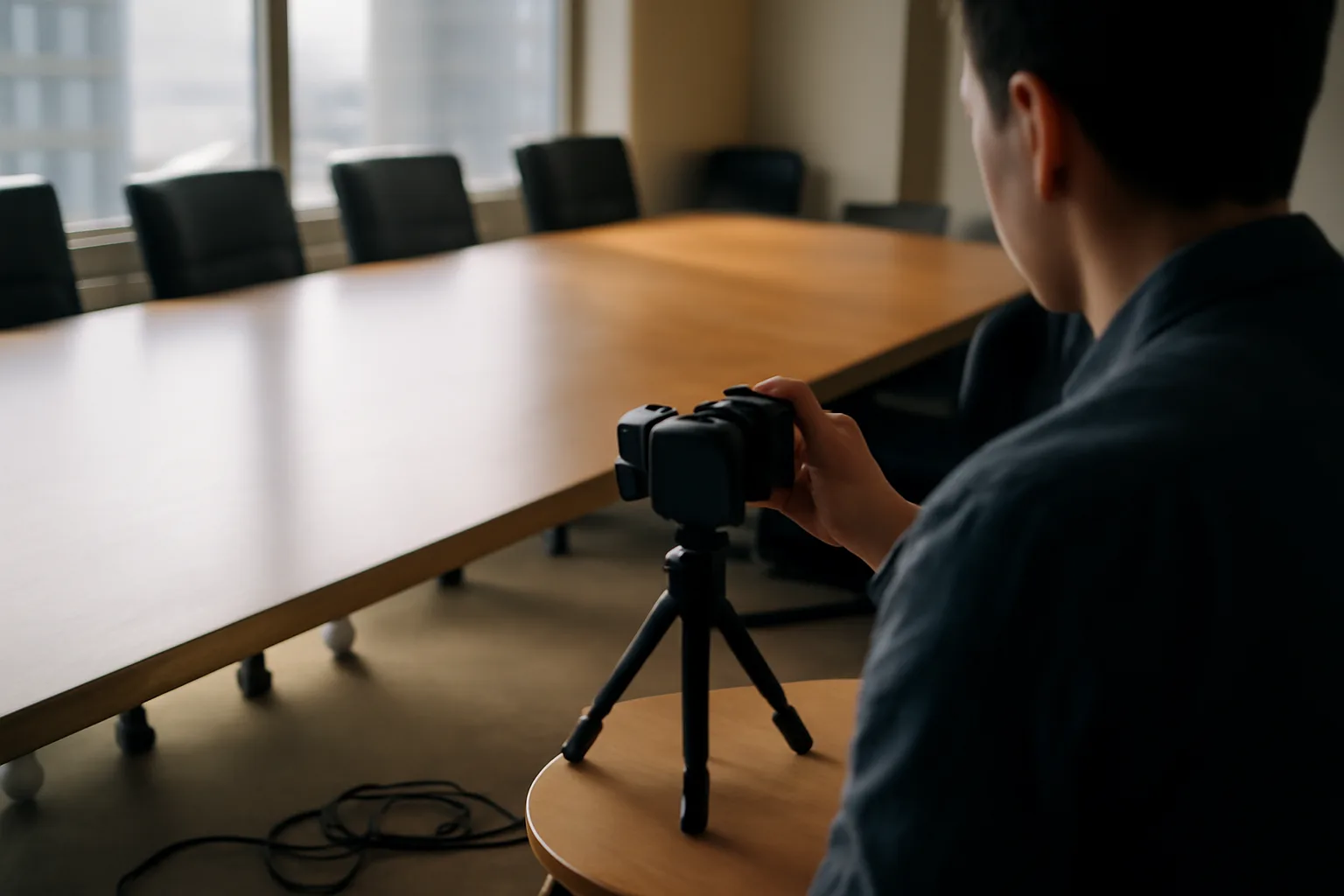 Legal videographer lining up a camera in a Hartford conference room