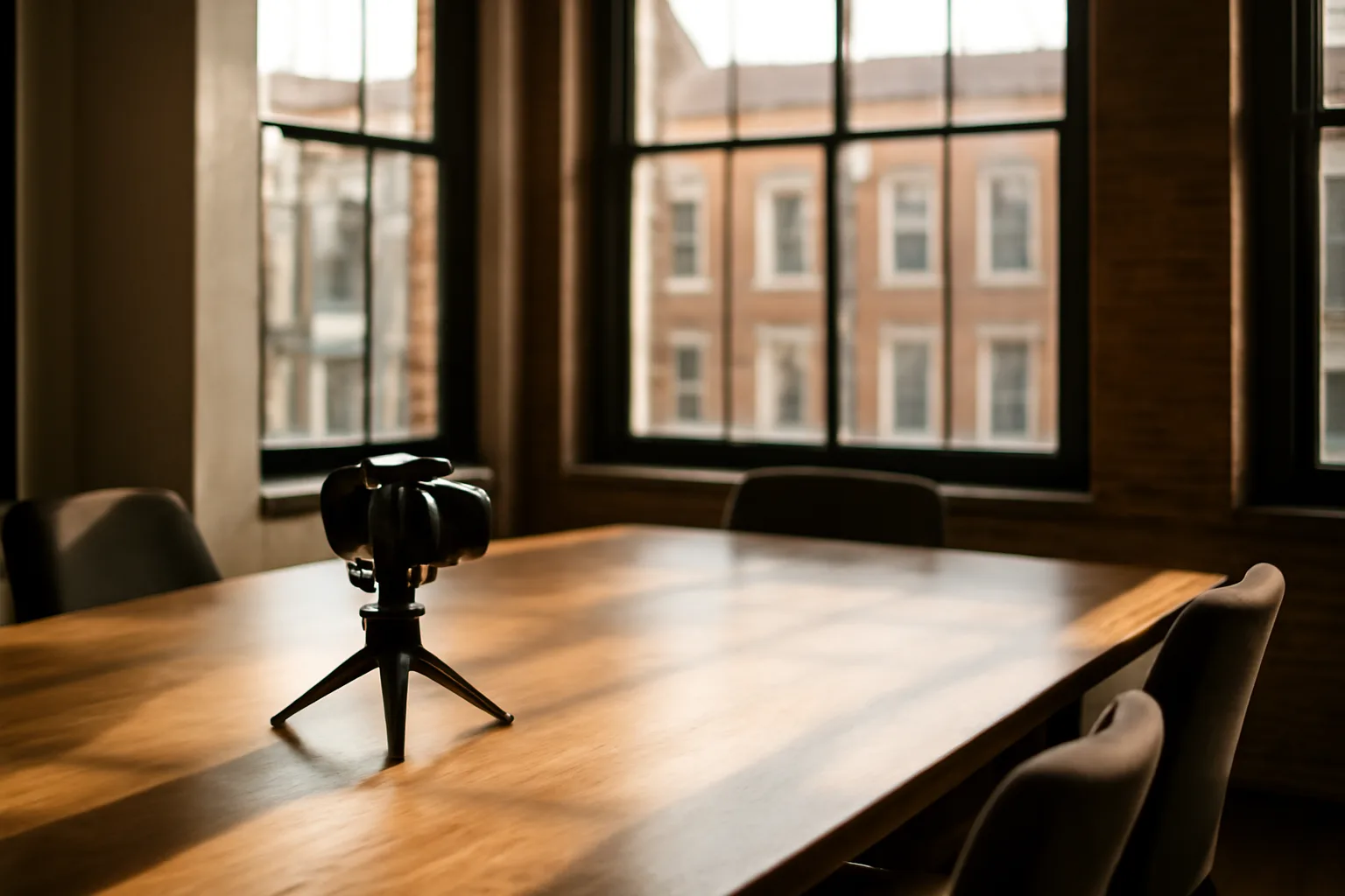 Video camera on a tripod facing an empty Delaware conference table
