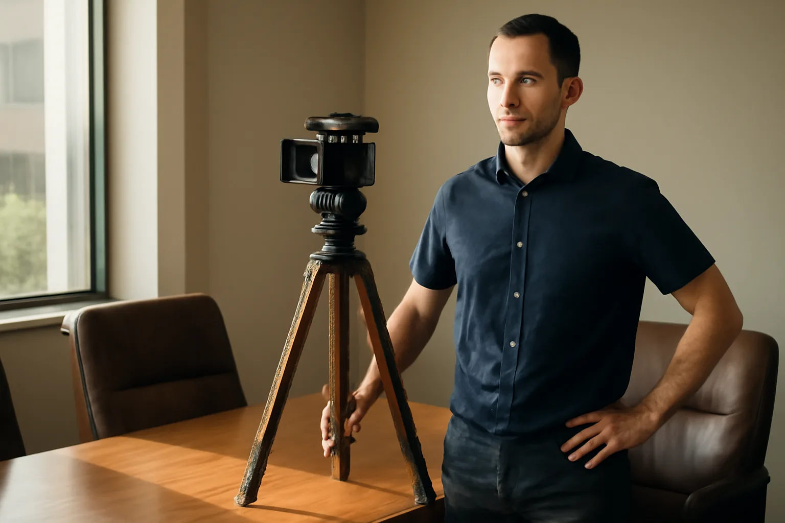 Legal videographer with a tripod camera in a Florida conference room