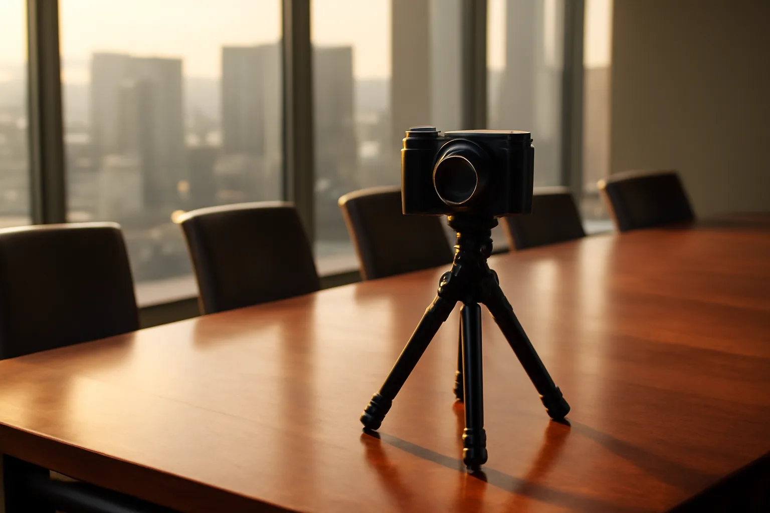 Camera on a tripod by an empty Atlanta conference table