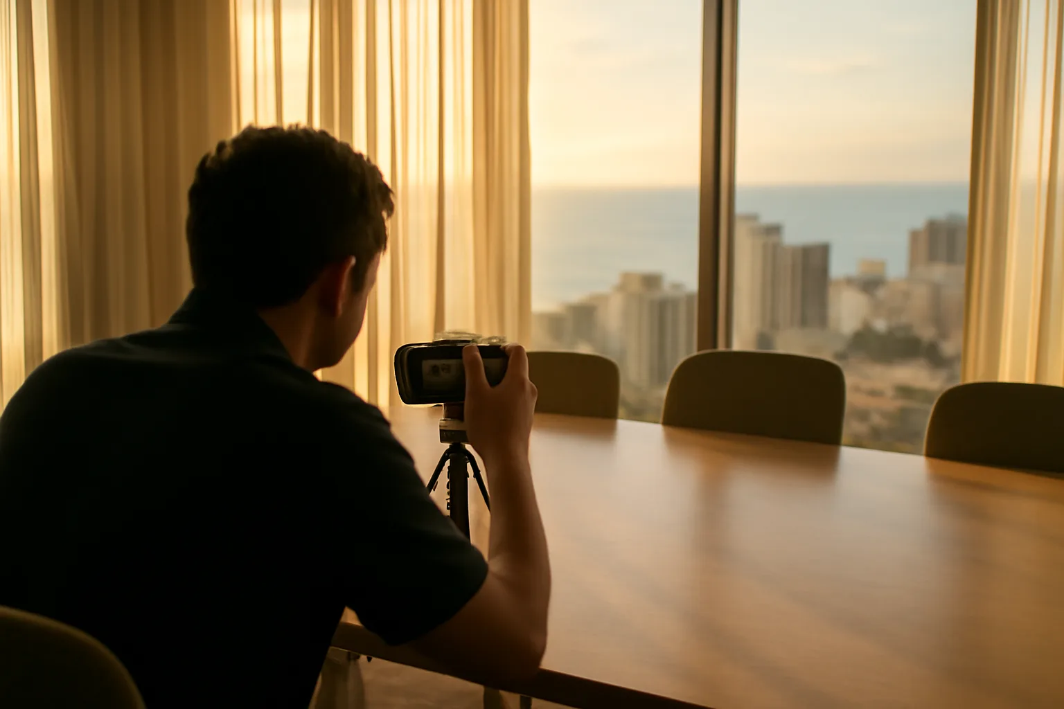 Legal videographer camera on a tripod in a Honolulu conference room