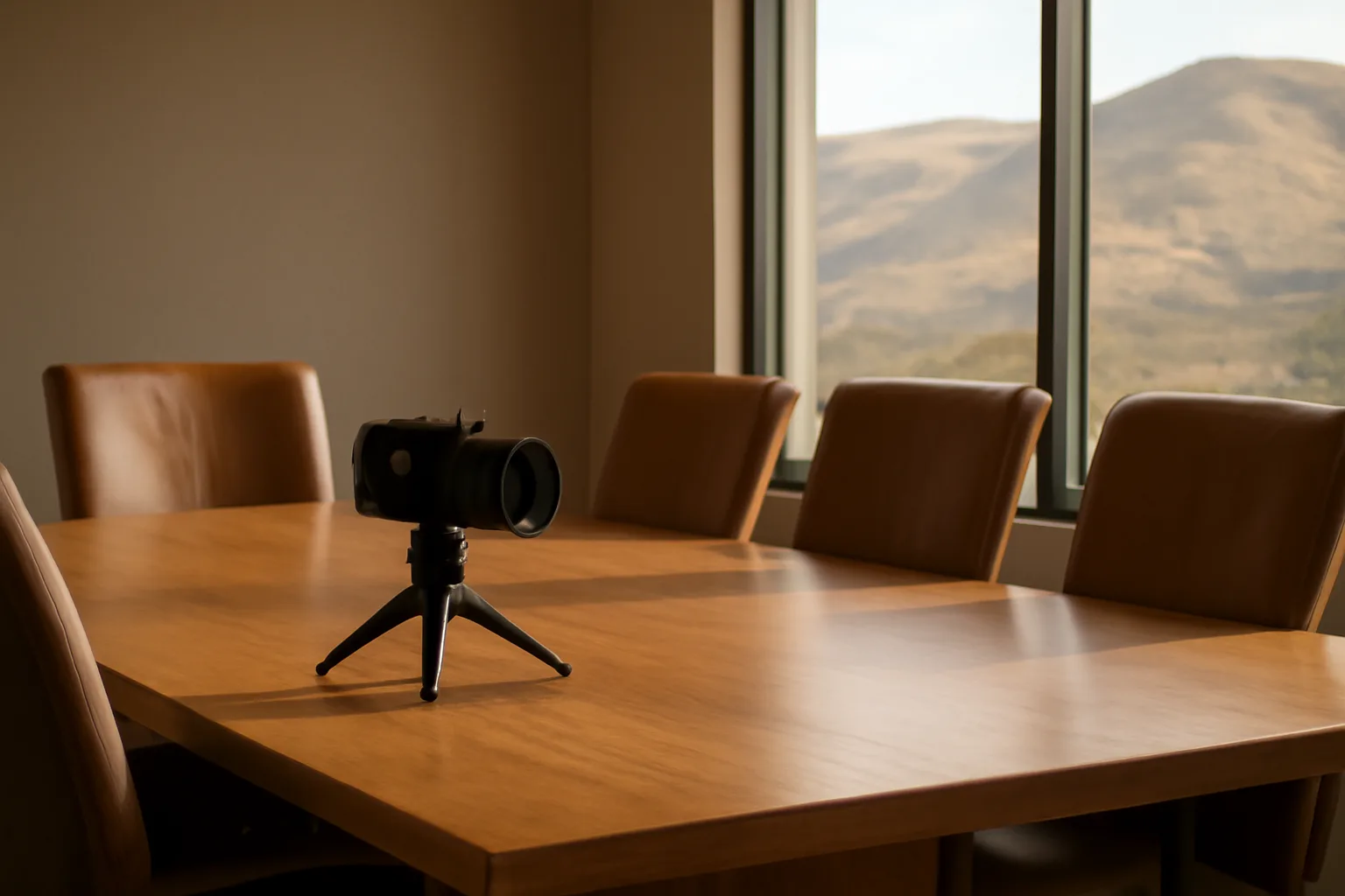 Legal videographer camera waiting in an empty Boise conference room
