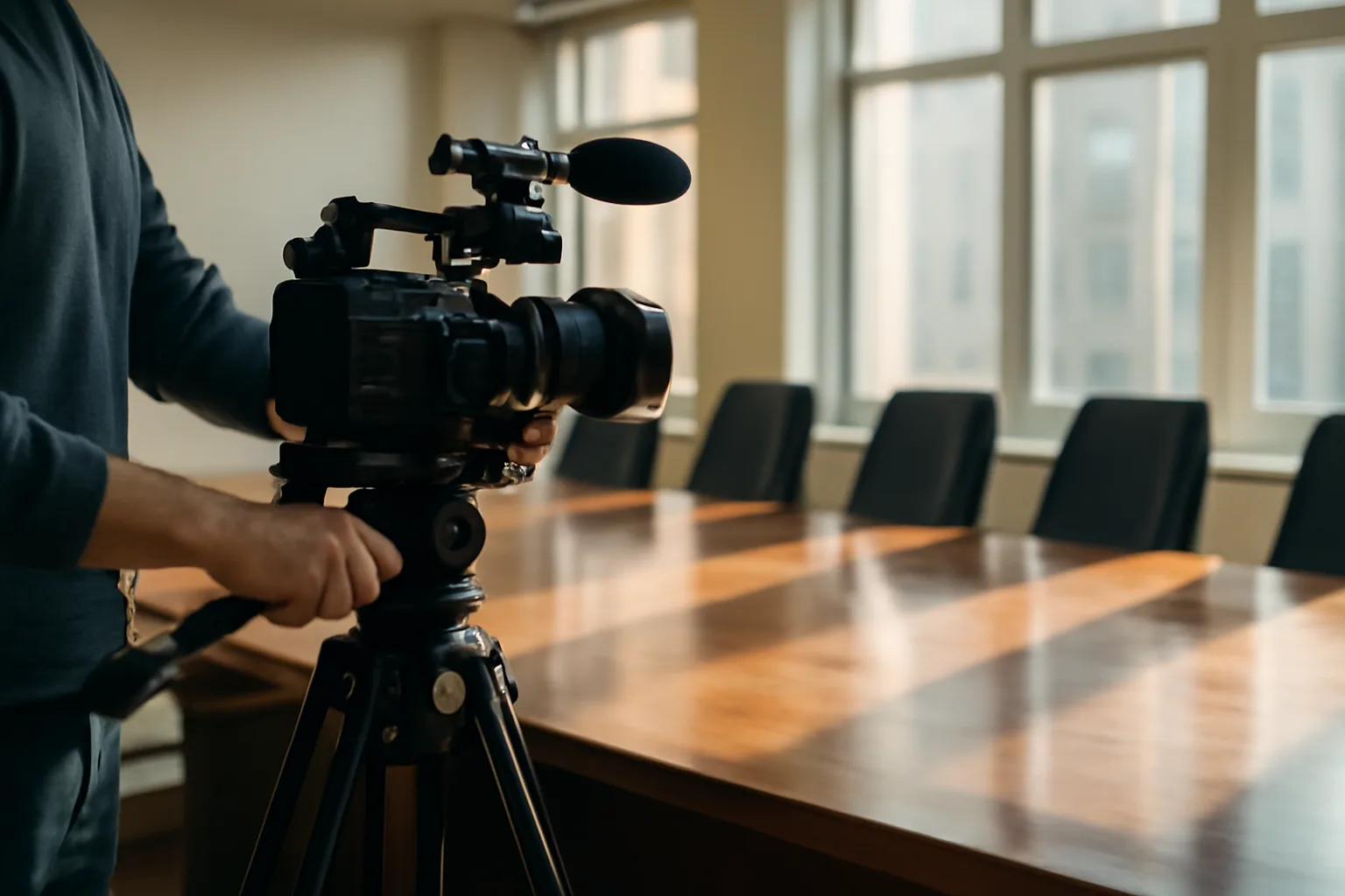 Professional camera on tripod in a sunlit legal conference room in Alabama
