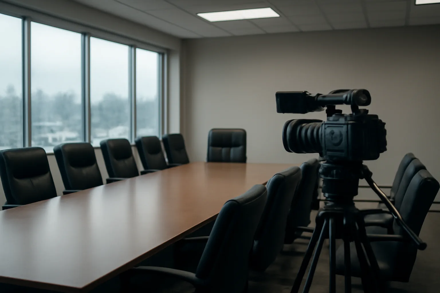 Professional video camera on tripod in an Anchorage conference room, legal videographer setup