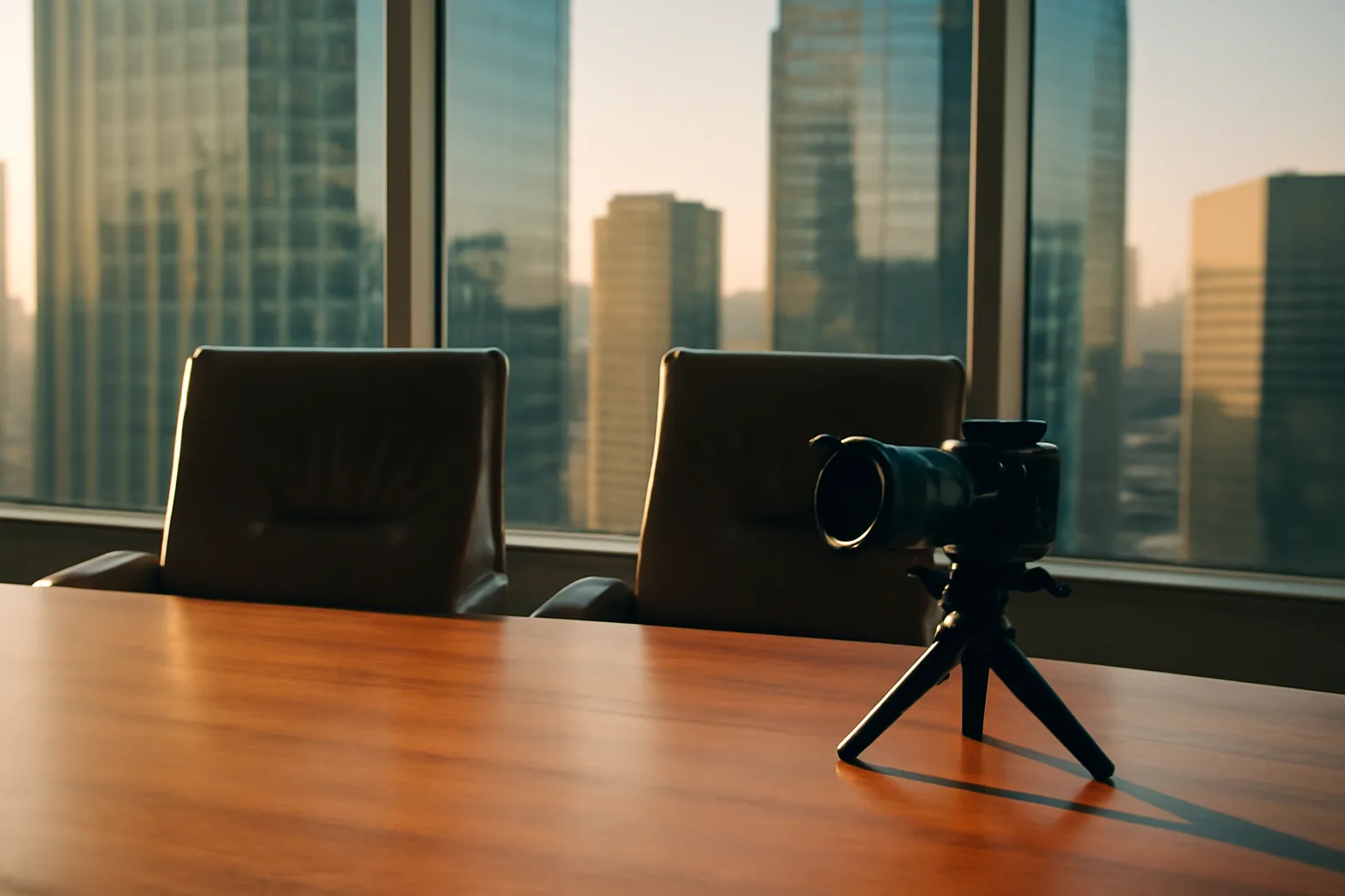 Video camera on a tripod in a Los Angeles legal conference room