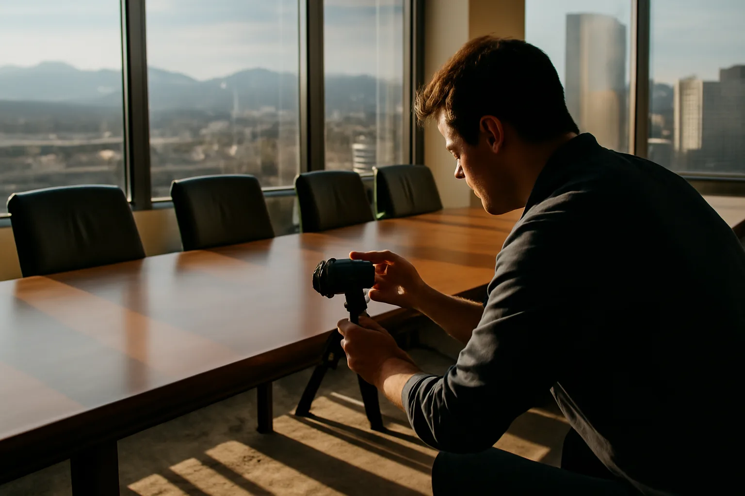 Legal videographer sets a camera by a Denver conference table