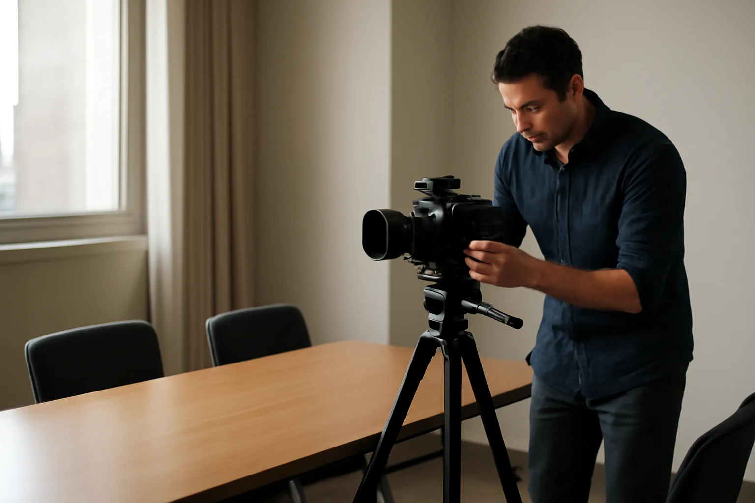 Legal videographer adjusts a tripod camera in an empty Connecticut conference room