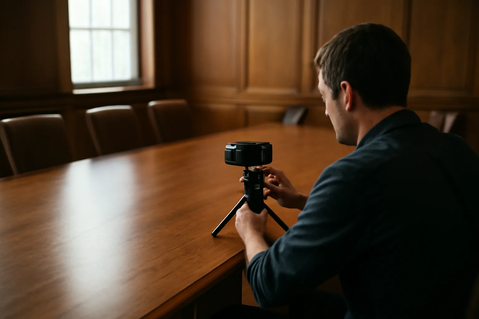 Legal videographer camera on a tripod in a quiet Wilmington room