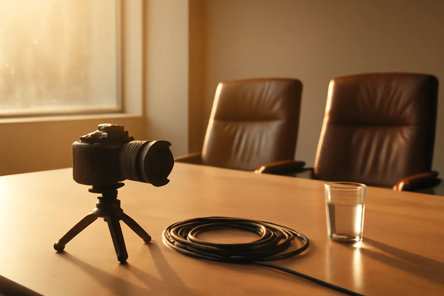 Camera on a tripod in a Miami room set for legal videographer work