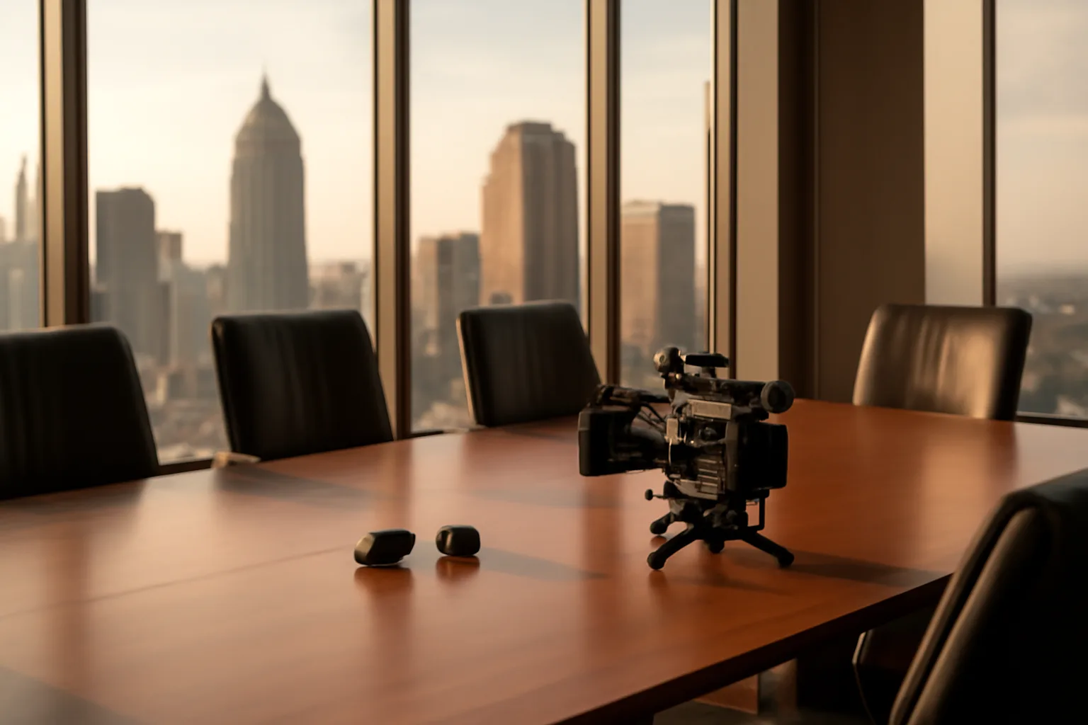 Legal videographer camera set in an empty Atlanta conference room