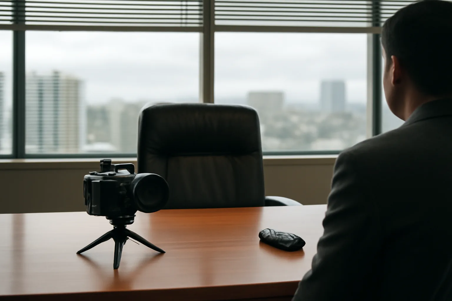 Camera on a tripod in a Honolulu room for legal videographer work