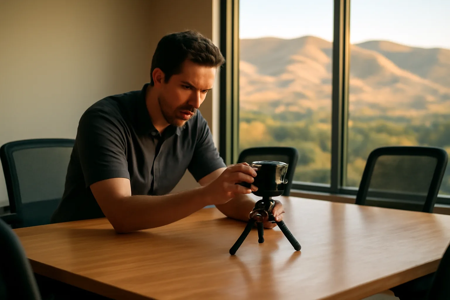 Camera on a tripod in a Boise room for legal video
