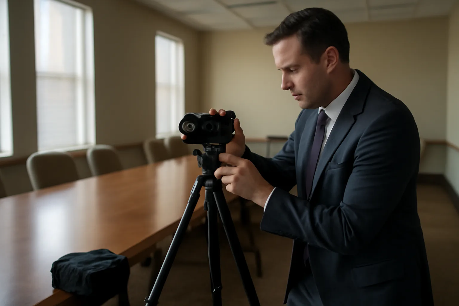 Compact tripod camera in an Arkansas conference room set for video deposition