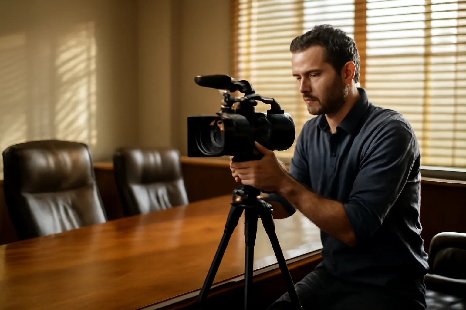 Legal videographer setting up camera in California deposition room