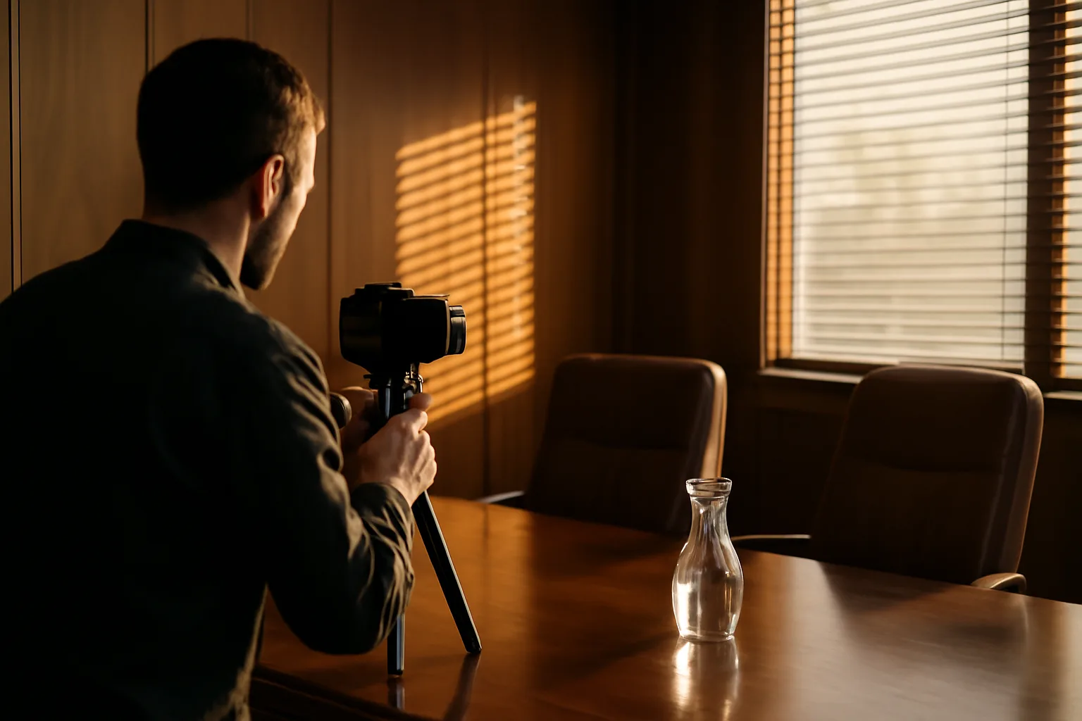 Camera on a tripod in a Boise room before legal video work
