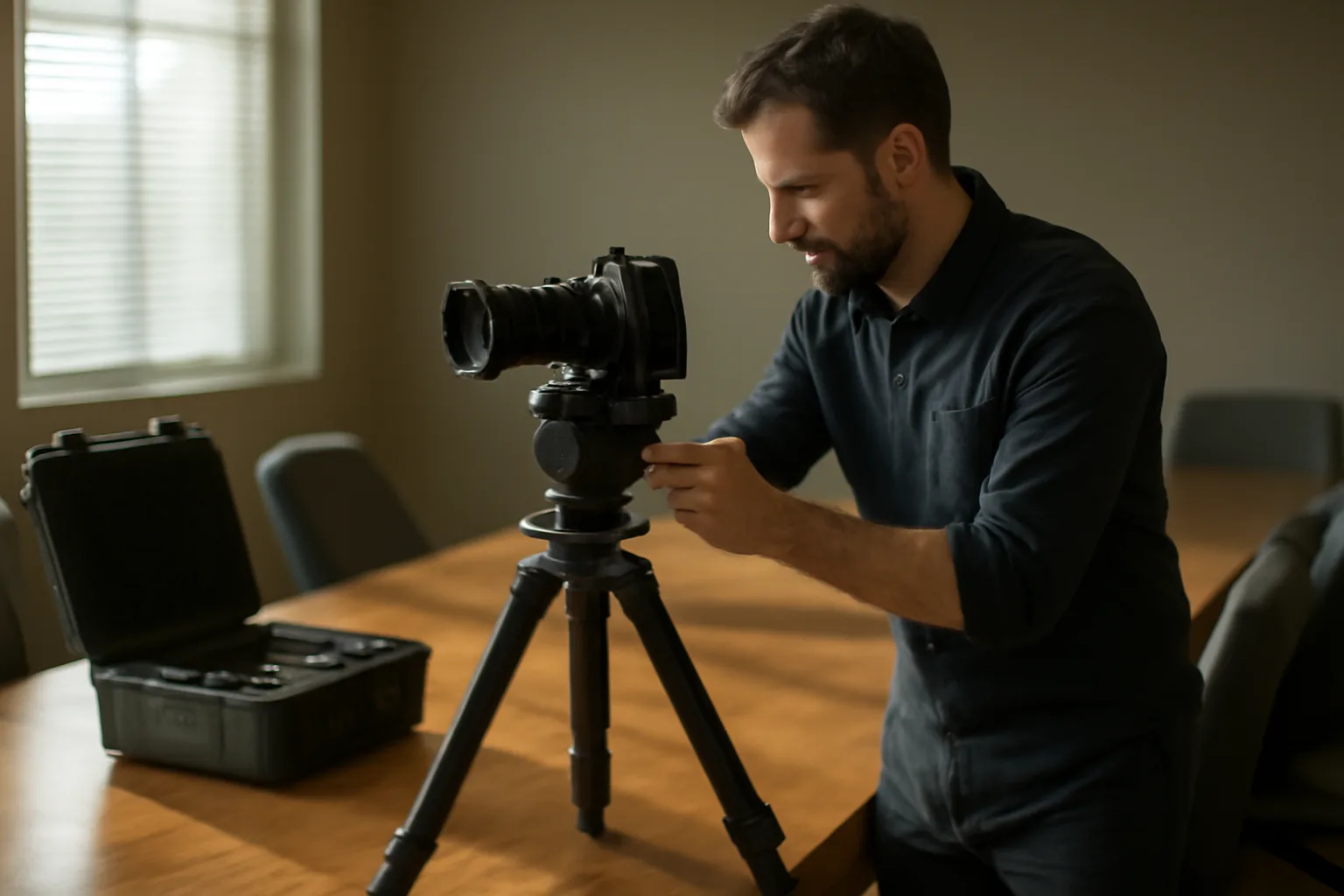 Legal videographer setting up camera on tripod in conference room before deposition