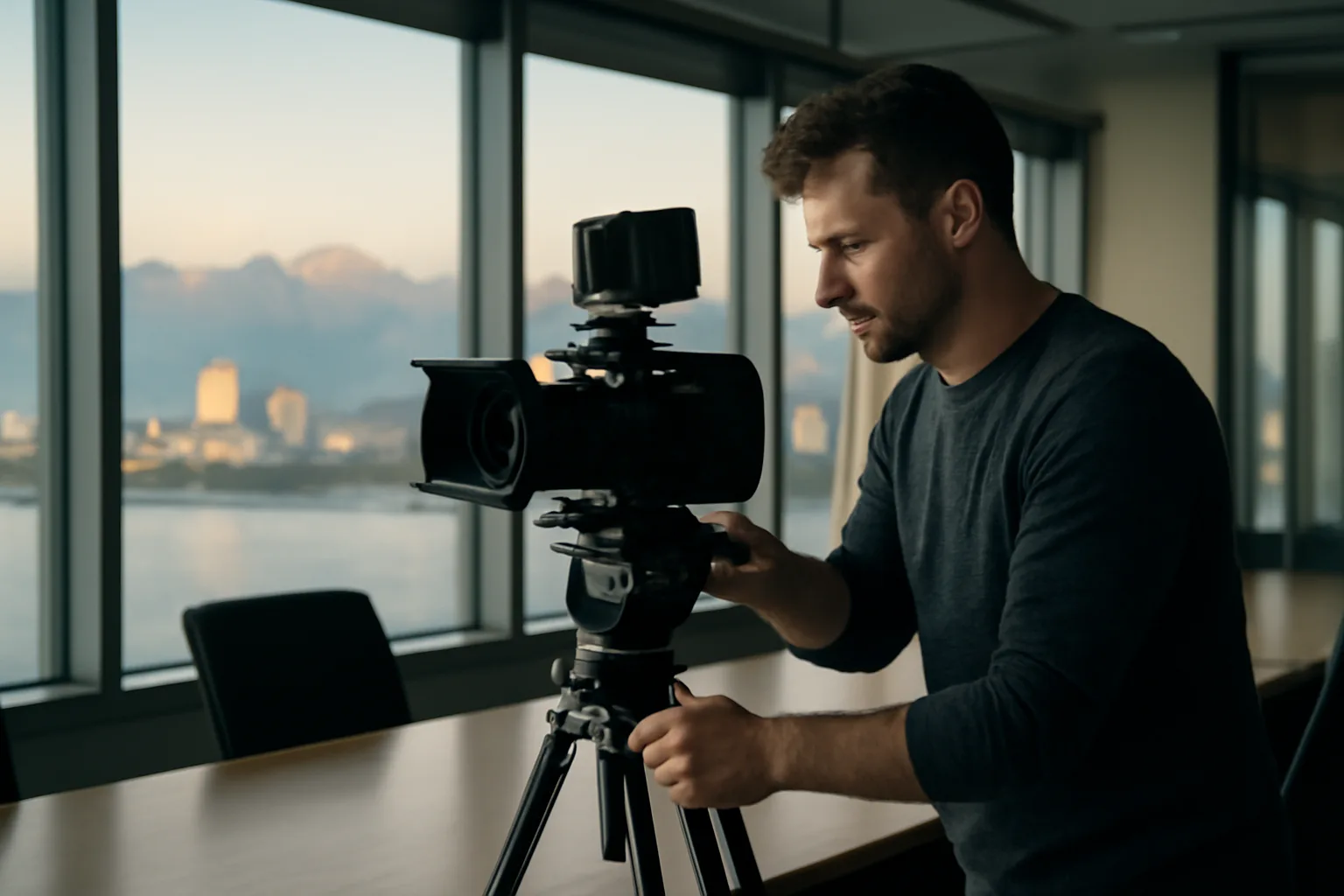 Legal videographer adjusting camera on tripod in Anchorage conference room
