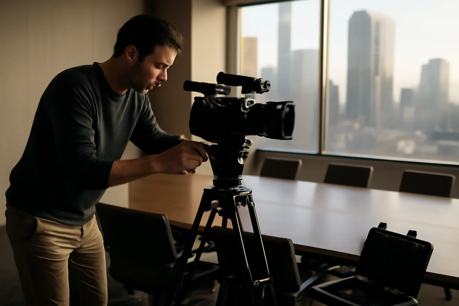 Legal videographer setting up a camera on tripod in a sunlit Arizona conference room