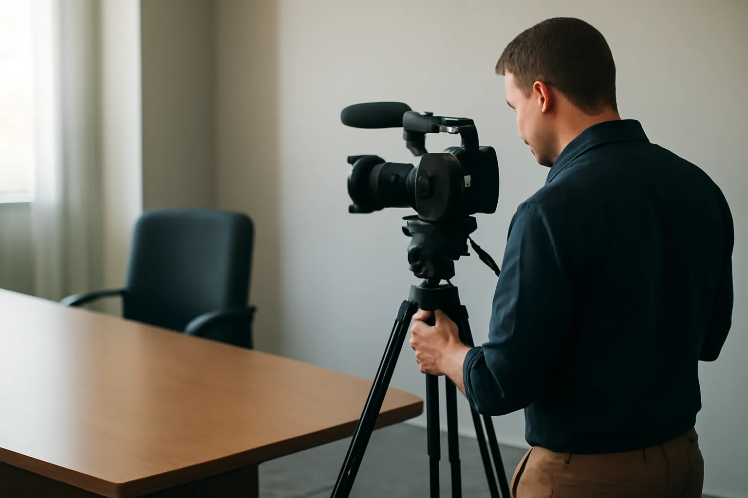 Legal videographer setting up camera in an Arkansas deposition room