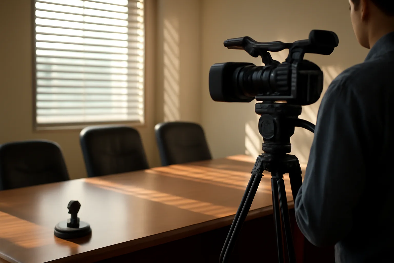 Legal videographer camera setup in a California deposition room