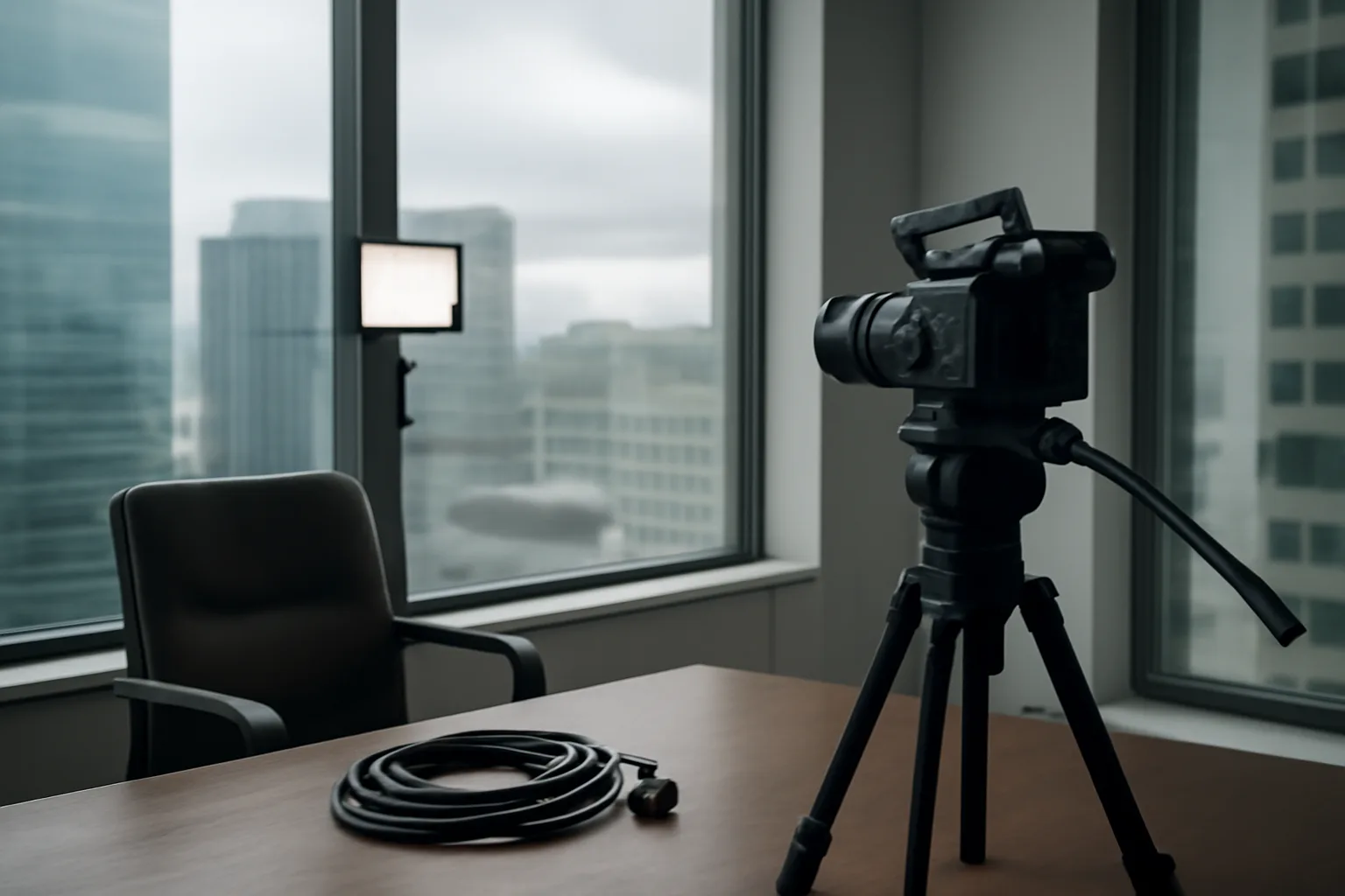 Legal videographer camera facing an empty Denver deposition chair