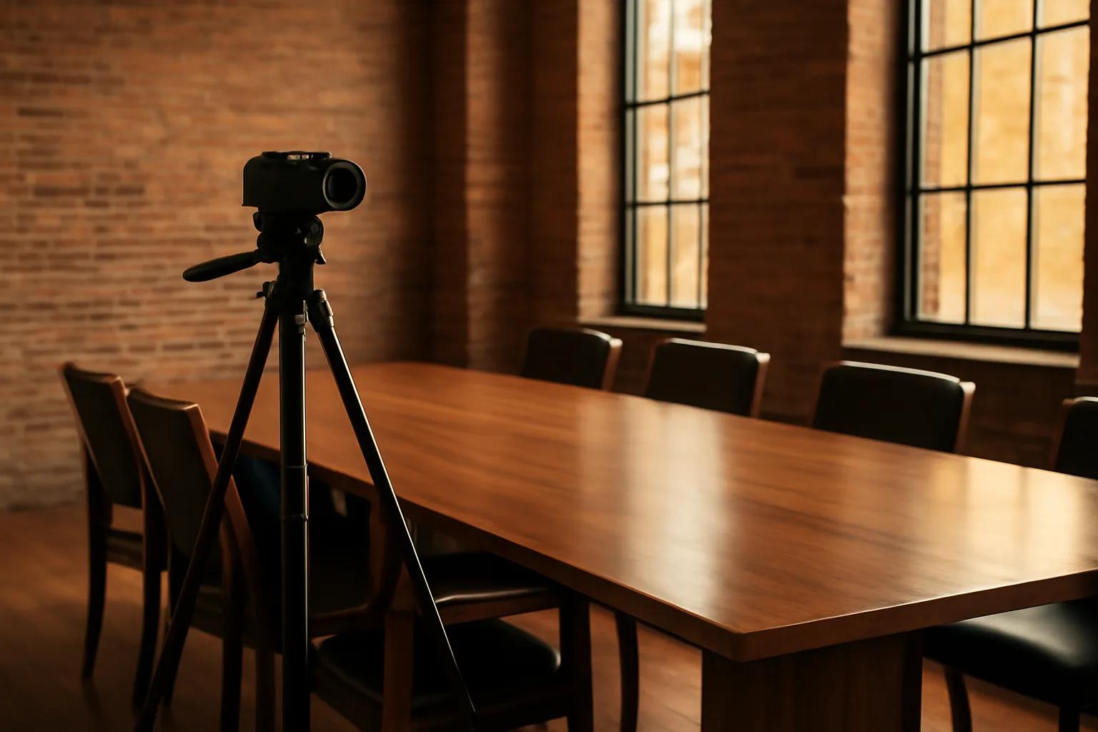 Video camera on a tripod in a sunlit Delaware conference room