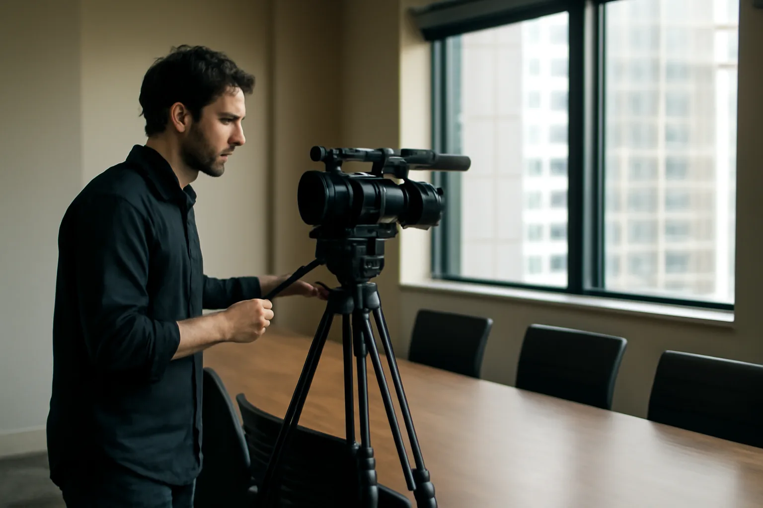Camera on a tripod in a Tampa room for legal videographer work