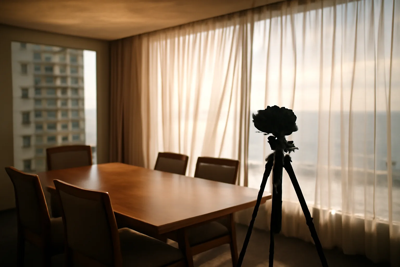 Legal videographer camera on a tripod in a Honolulu conference room