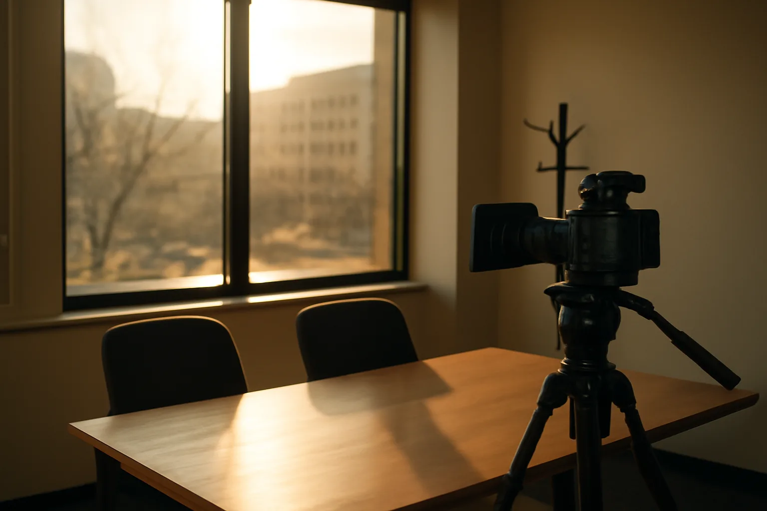 Tripod camera facing empty chairs in a Boise legal videographer setup