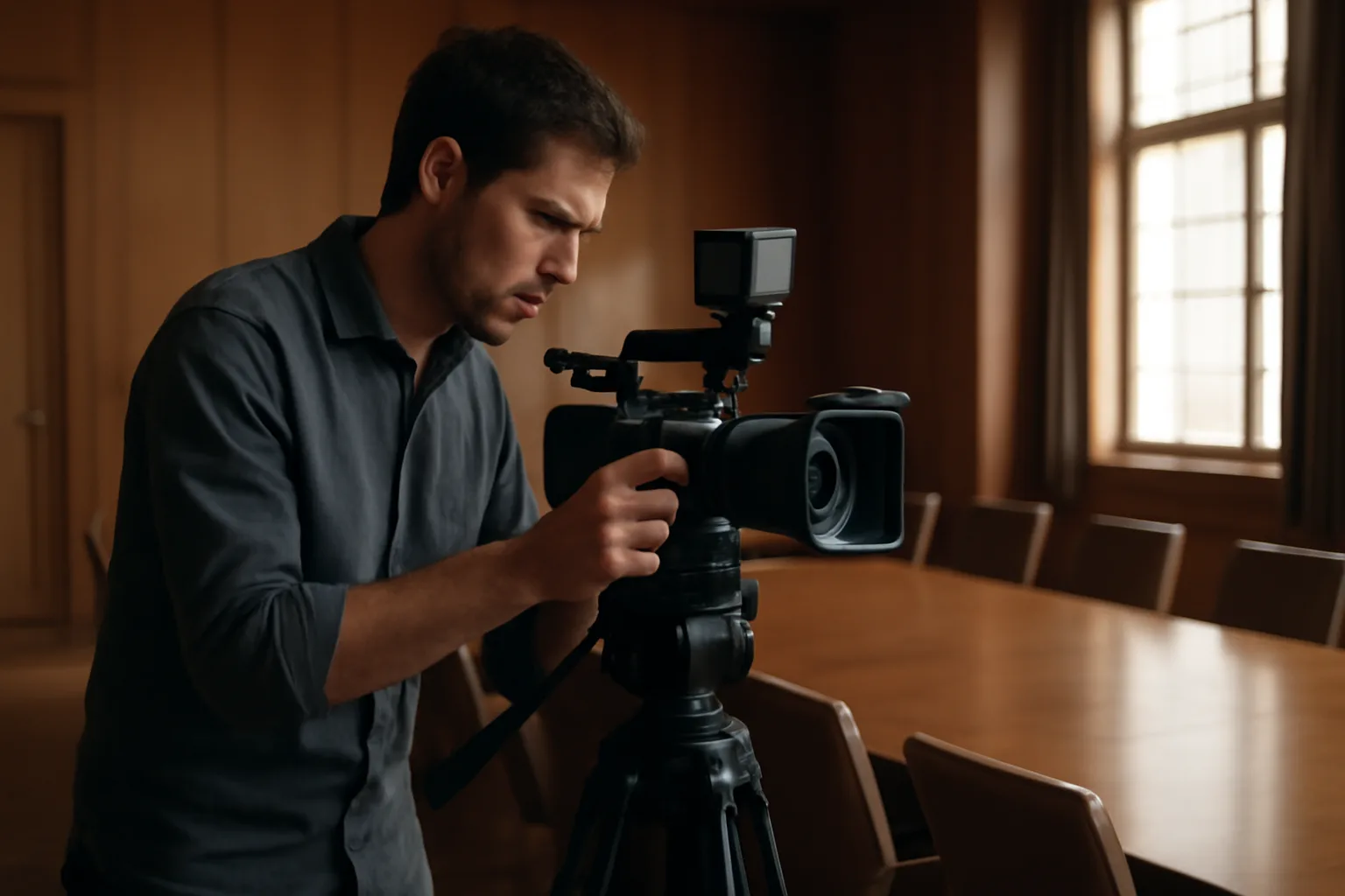 Legal videographer setting up camera equipment in a deposition conference room