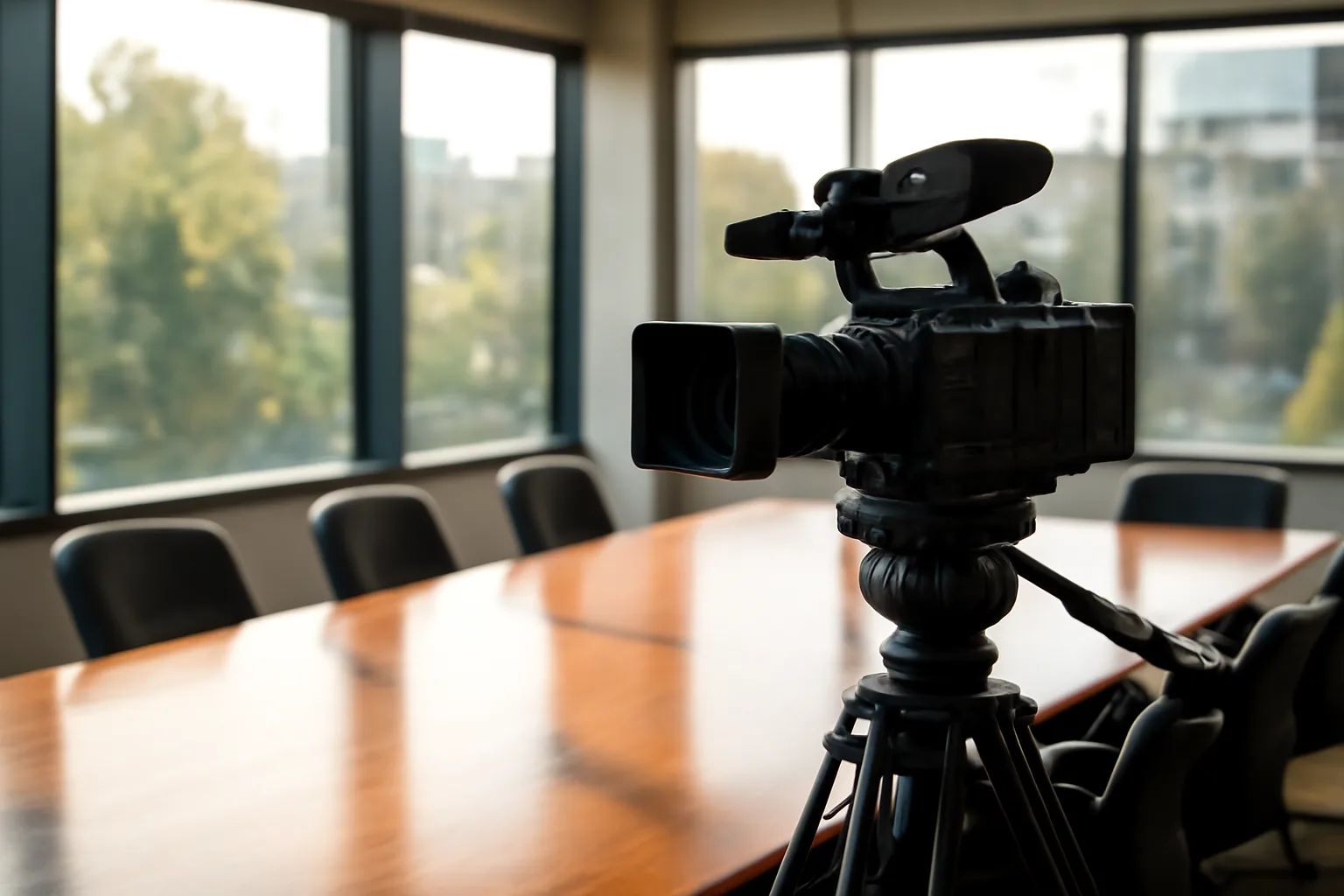 Professional video camera on tripod in empty Alaska conference room for legal deposition