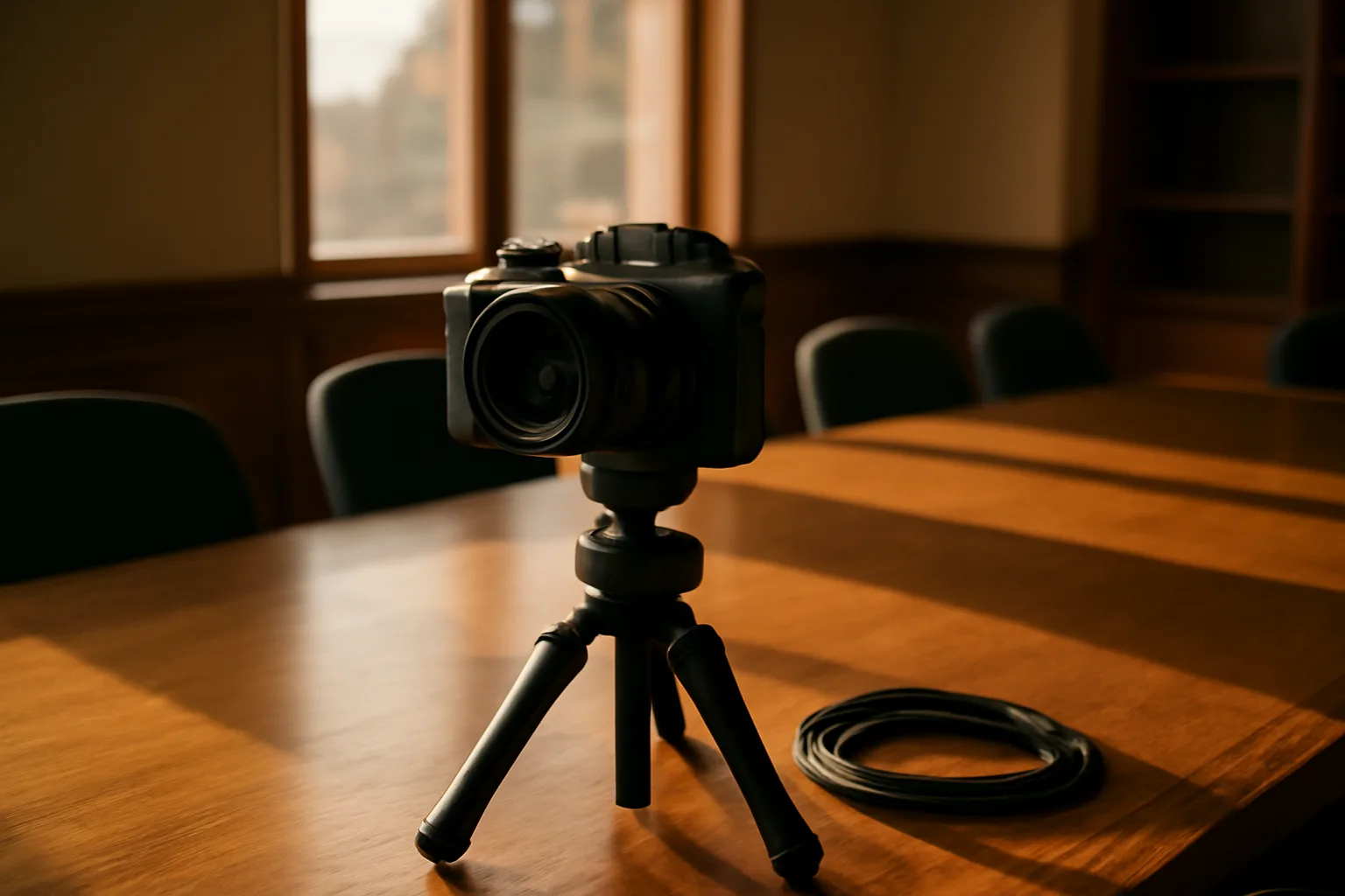 Professional video camera on tripod in Arkansas conference room set for a legal deposition