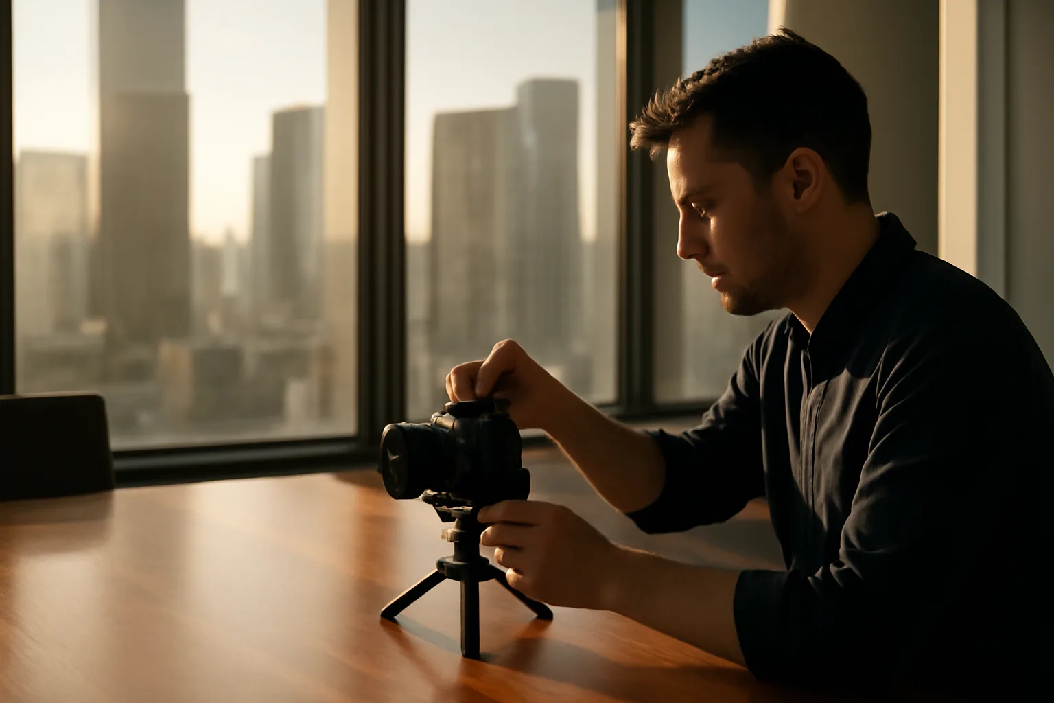 Legal videographer setting a camera in a Los Angeles conference room