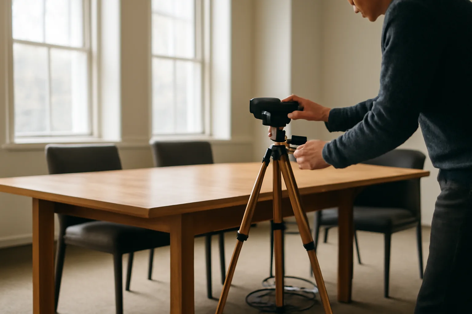 Legal videographer levels a camera in a Wilmington conference room