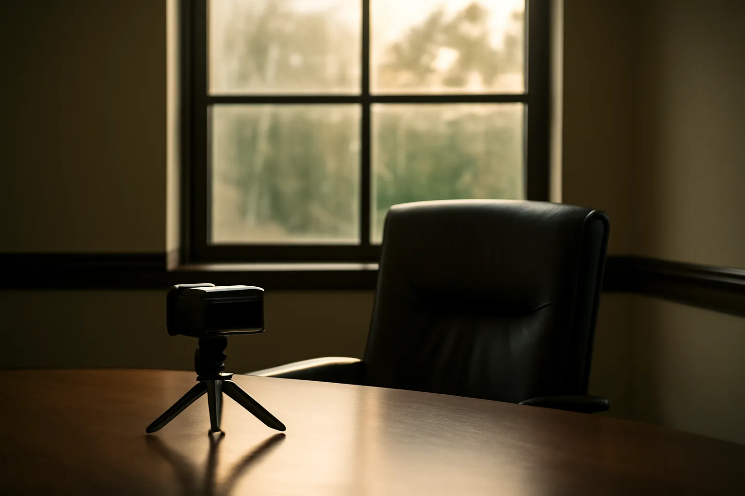 Camera on a tripod in a Tampa conference room for legal video