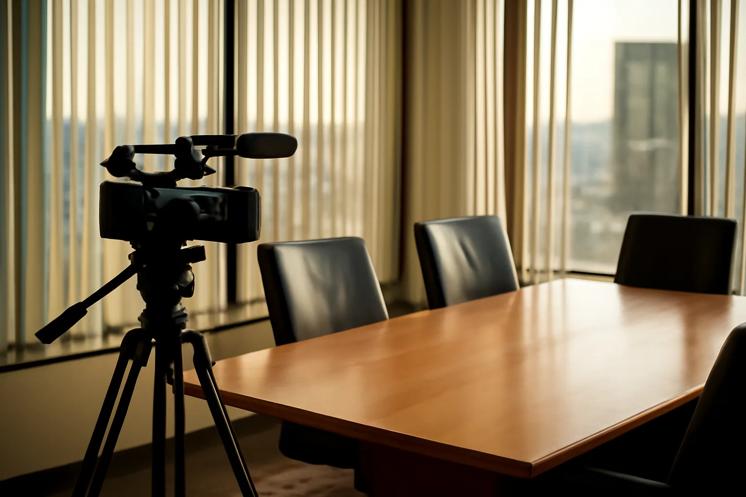 Legal videographer camera waiting in an empty Atlanta conference room